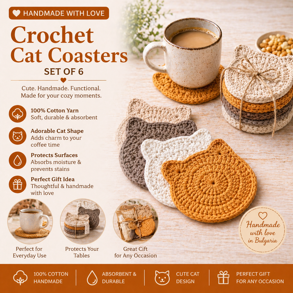 Handmade Crochet Cat Coasters – Set of 6