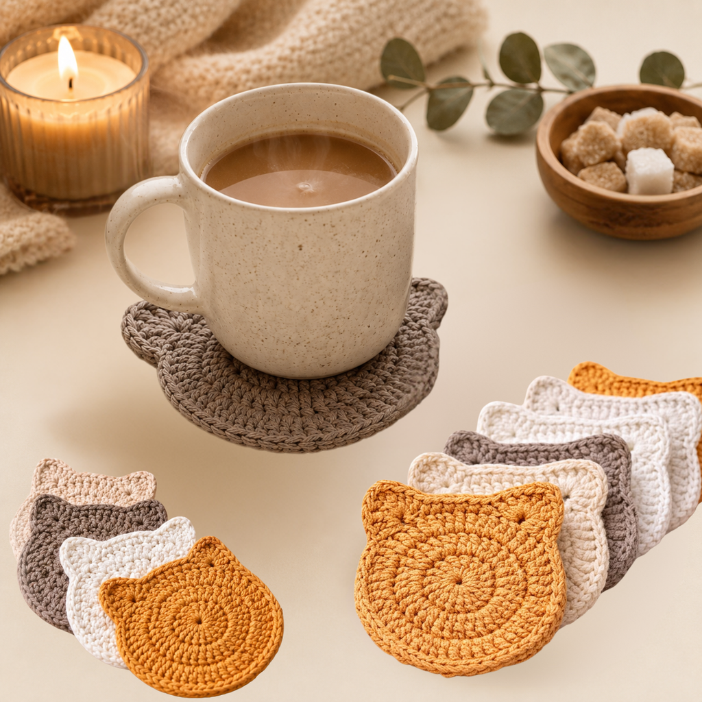 Handmade Crochet Cat Coasters – Set of 6