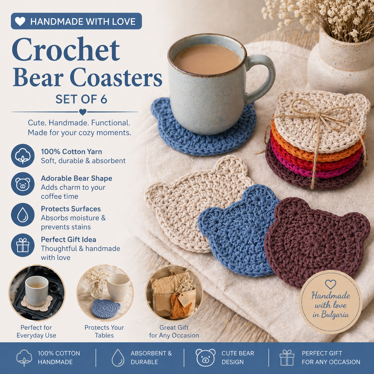 Handmade Crochet Bear Coasters – Set of 6