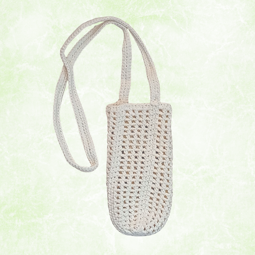 Crochet Water Bottle Holder Bag, Boho Bottle Carrier, Cotton Shoulder Sling, Handmade Drink Holder, Festival Crossbody Bag, Summer Gift
