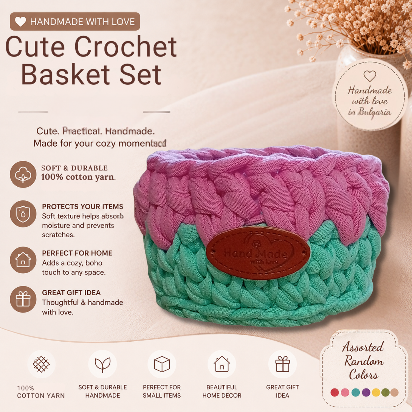 Handmade Crochet Storage Basket Set of 4 Two-Tone Colors