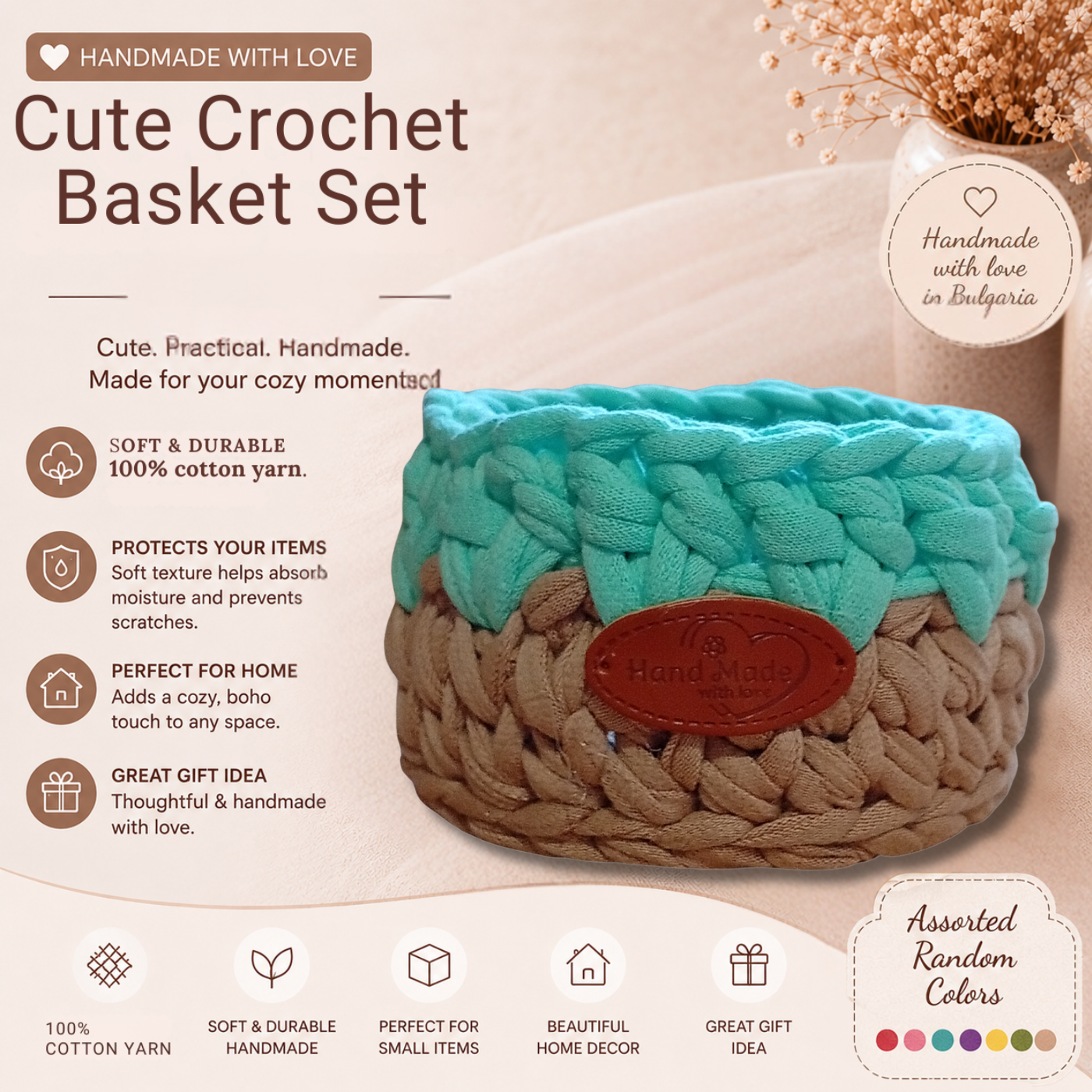 Handmade Crochet Storage Basket Set of 4 Two-Tone Colors