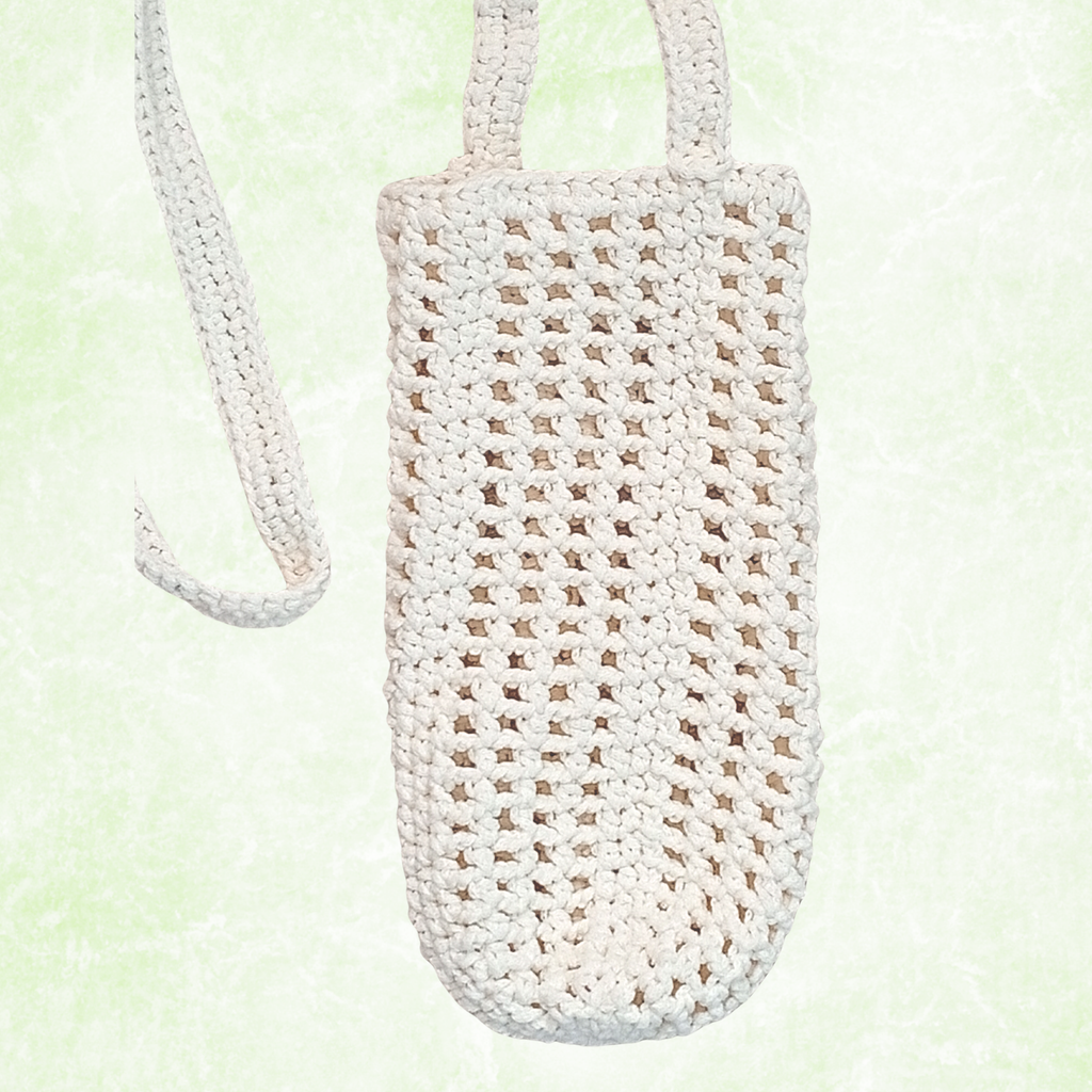 Crochet Water Bottle Holder Bag, Boho Bottle Carrier, Cotton Shoulder Sling, Handmade Drink Holder, Festival Crossbody Bag, Summer Gift