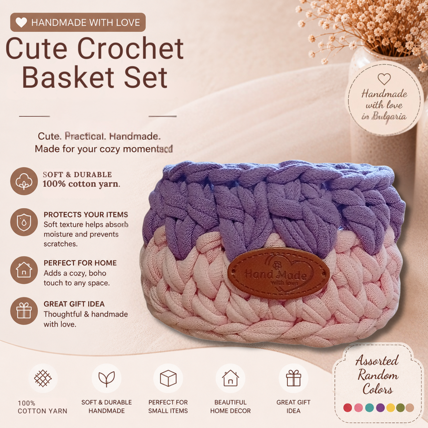 Handmade Crochet Storage Basket Set of 4 Two-Tone Colors