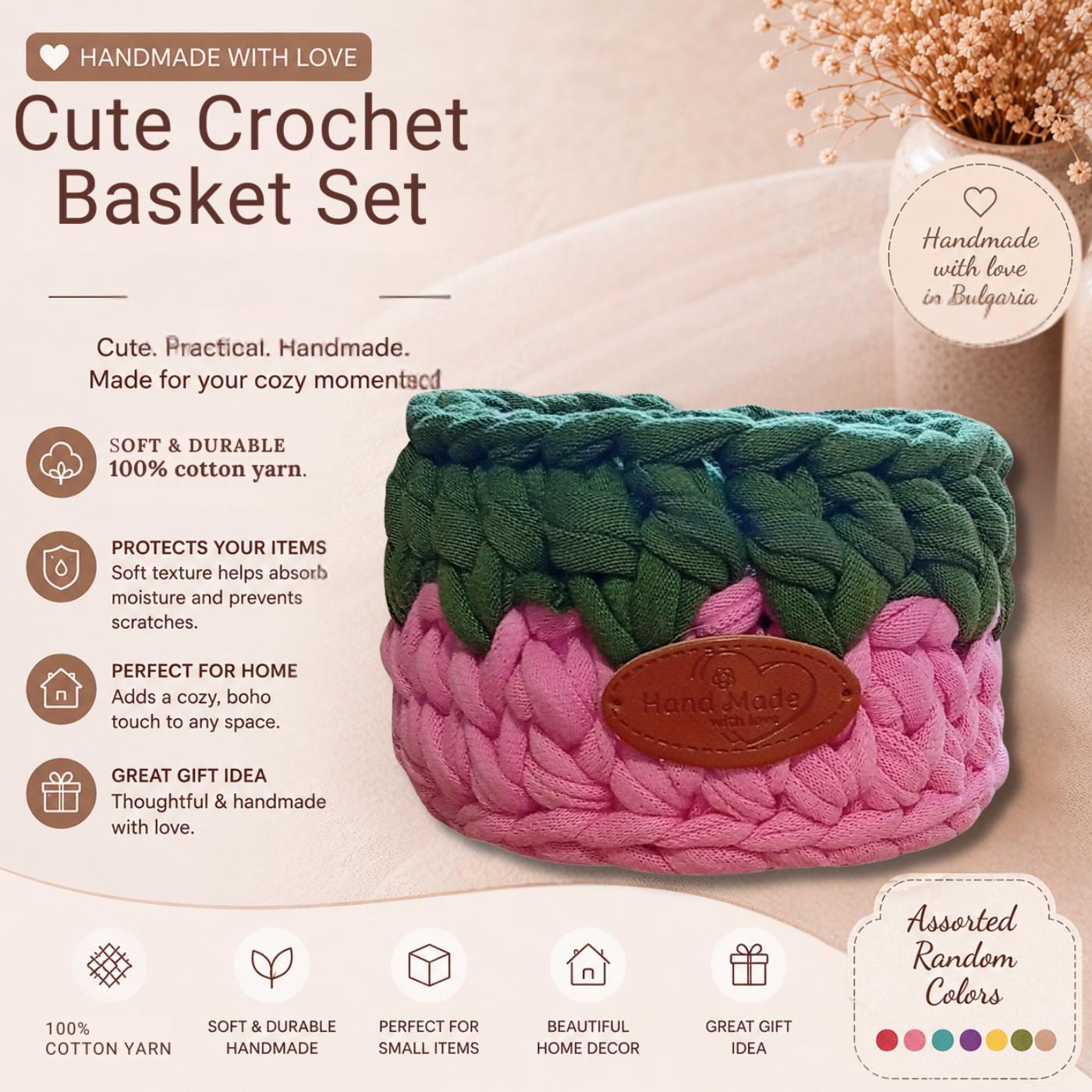 Handmade Crochet Storage Basket Set of 4 Two-Tone Colors