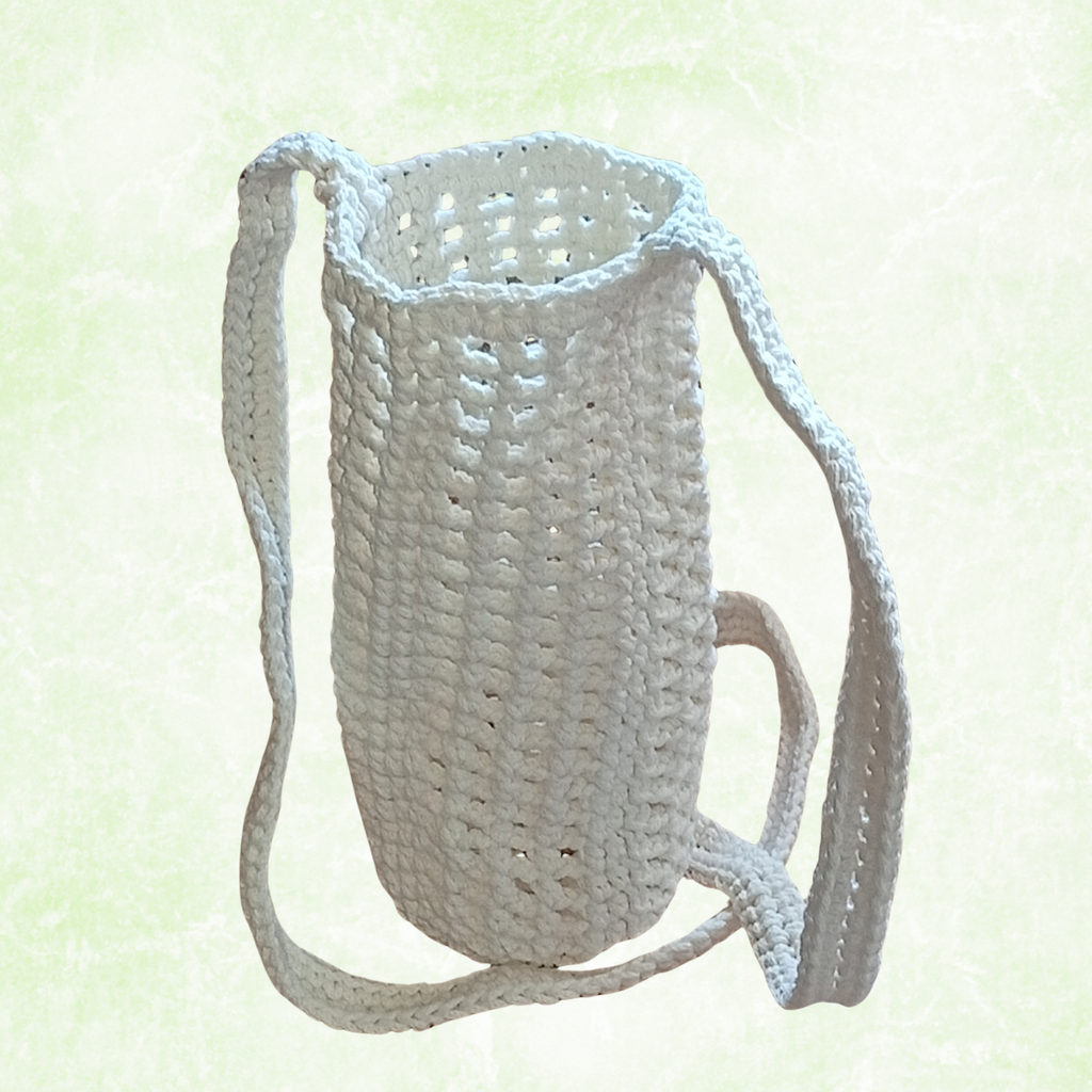 Crochet Water Bottle Holder Bag, Boho Bottle Carrier, Cotton Shoulder Sling, Handmade Drink Holder, Festival Crossbody Bag, Summer Gift