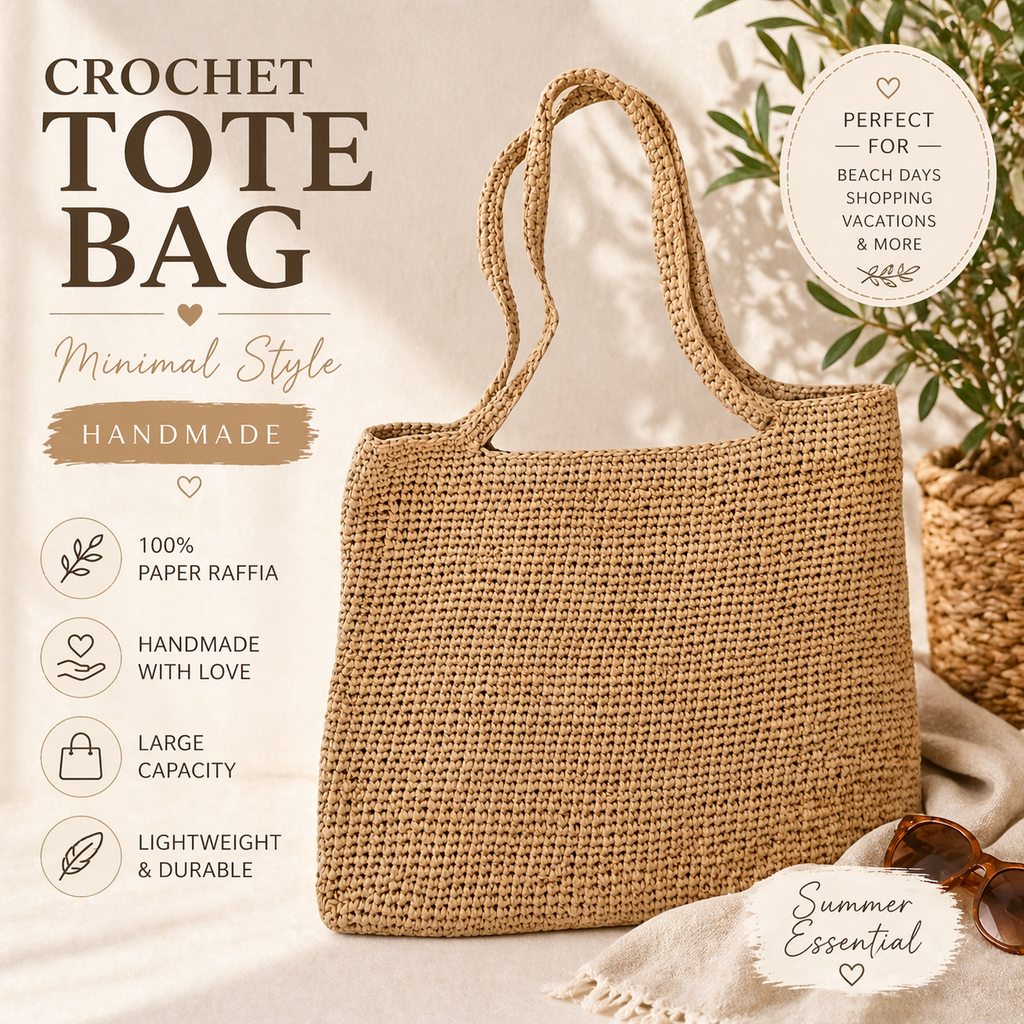Crochet Raffia Tote Bag Large Capacity Minimalist Woven Shoulder Bag Summer Beach Shopper Handmade Boho Handbag Women Gift