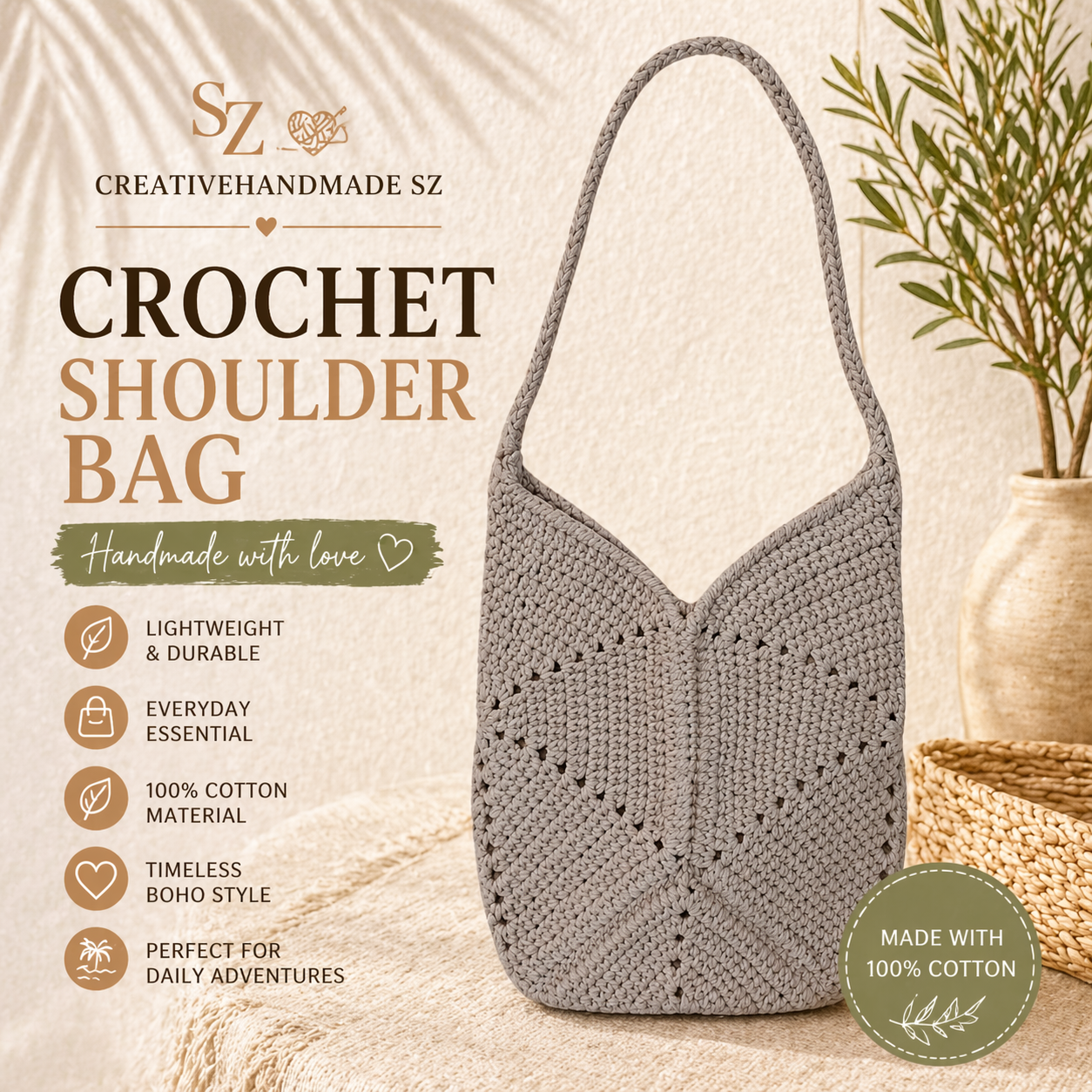 Crochet Shoulder Bag Boho Cotton Bag Handmade Tulip Tote Minimalist Woven Bag Small Summer Purse Gift for Her