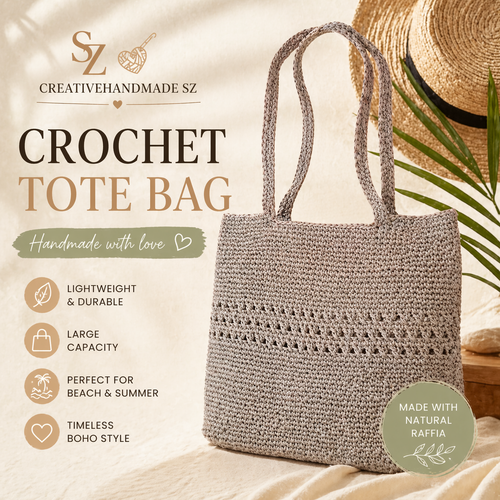 Crochet Raffia Tote Bag Large Capacity Boho Shoulder Bag Handmade Summer Beach Bag Minimalist Woven Shopper Bag Gift for Her