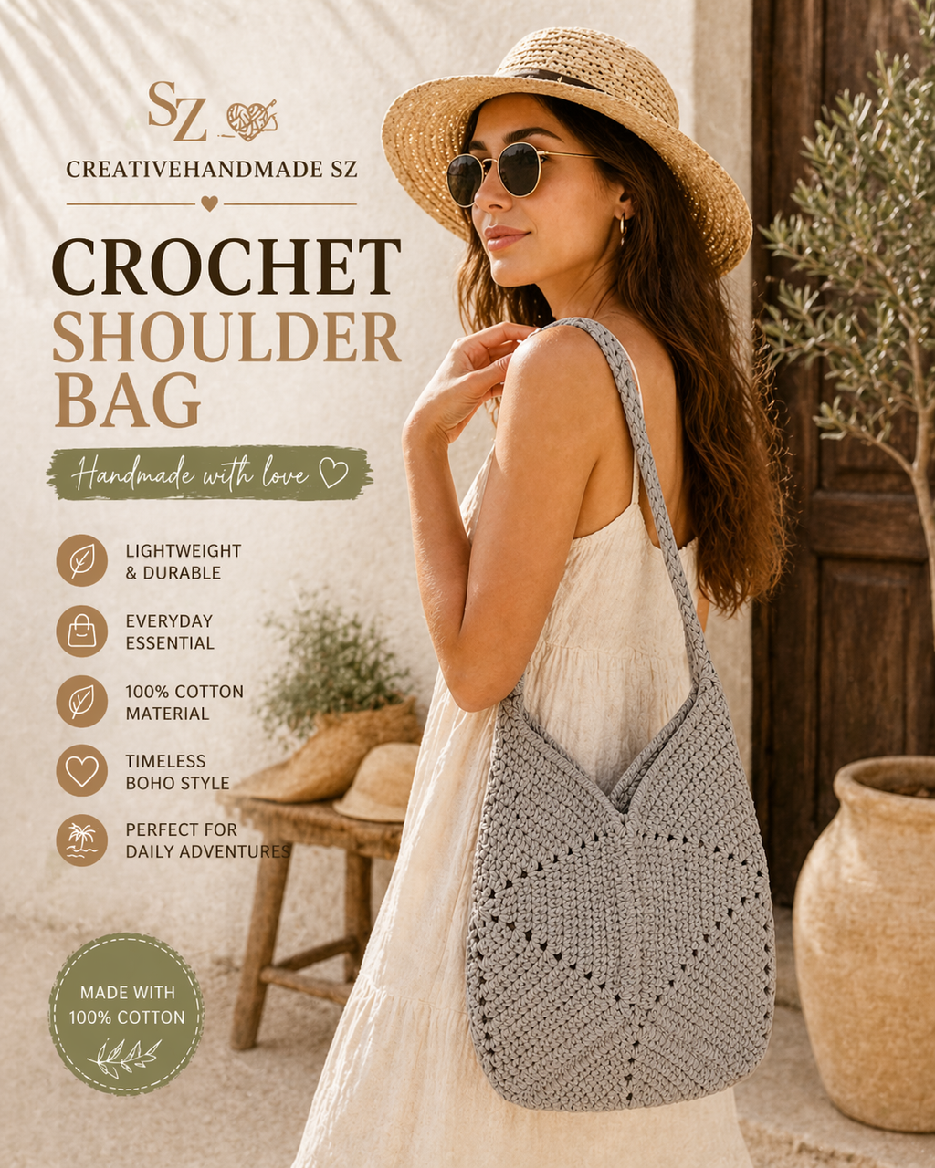 Crochet Shoulder Bag Boho Cotton Bag Handmade Tulip Tote Minimalist Woven Bag Small Summer Purse Gift for Her