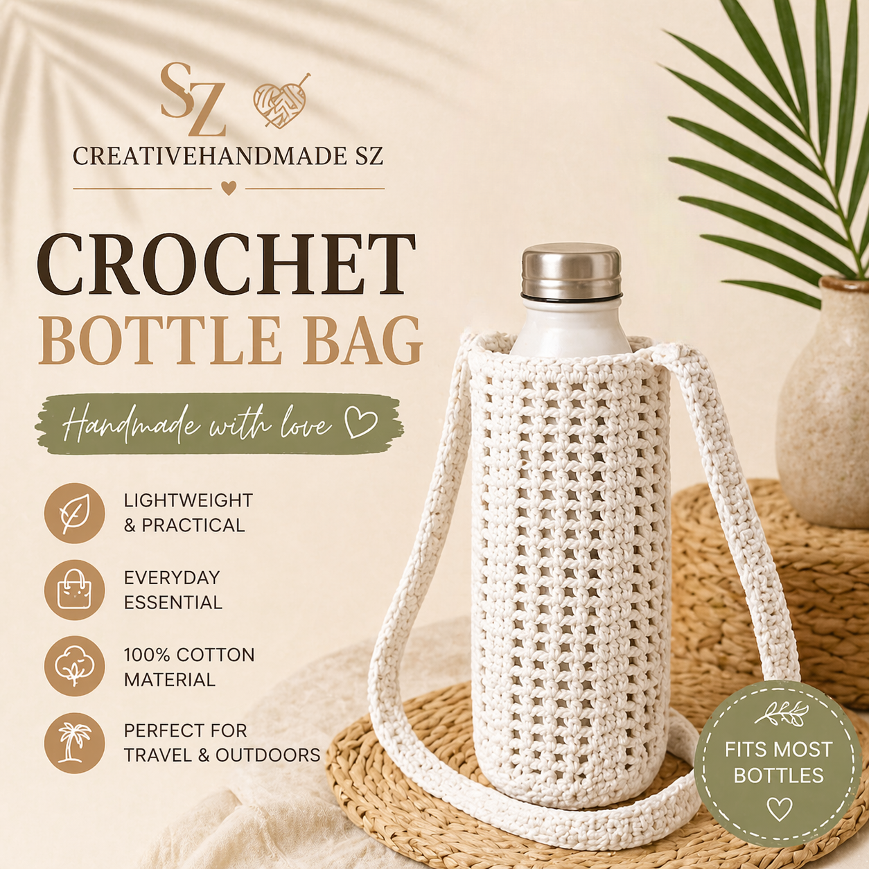 Crochet Water Bottle Holder Bag, Boho Bottle Carrier, Cotton Shoulder Sling, Handmade Drink Holder, Festival Crossbody Bag, Summer Gift