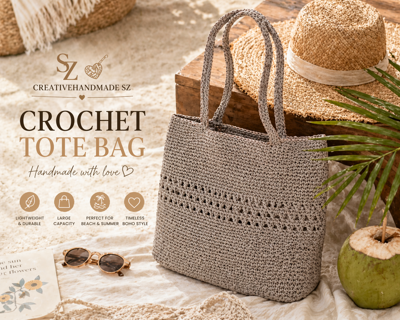 Crochet Raffia Tote Bag Large Capacity Boho Shoulder Bag Handmade Summer Beach Bag Minimalist Woven Shopper Bag Gift for Her