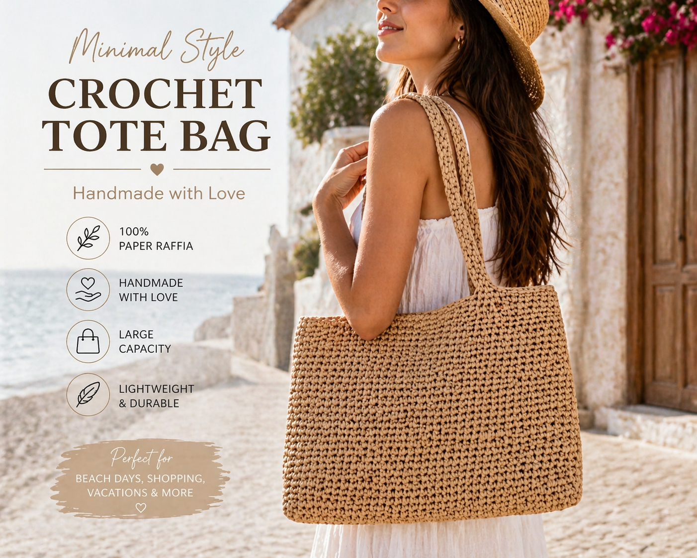 Crochet Raffia Tote Bag Large Capacity Minimalist Woven Shoulder Bag Summer Beach Shopper Handmade Boho Handbag Women Gift