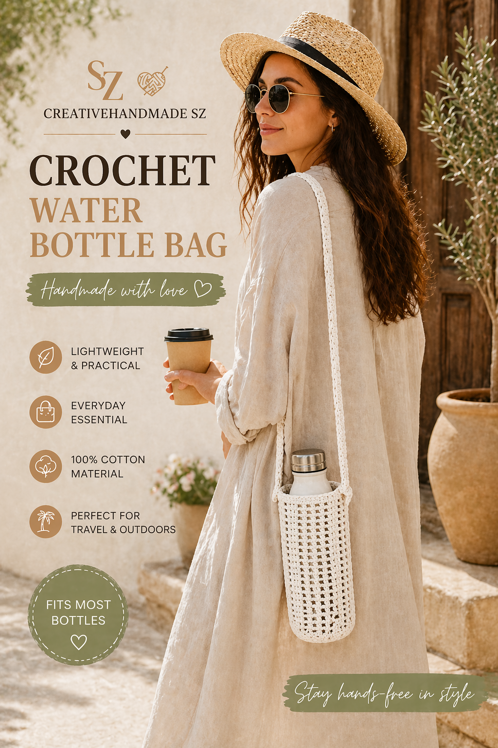 Crochet Water Bottle Holder Bag, Boho Bottle Carrier, Cotton Shoulder Sling, Handmade Drink Holder, Festival Crossbody Bag, Summer Gift
