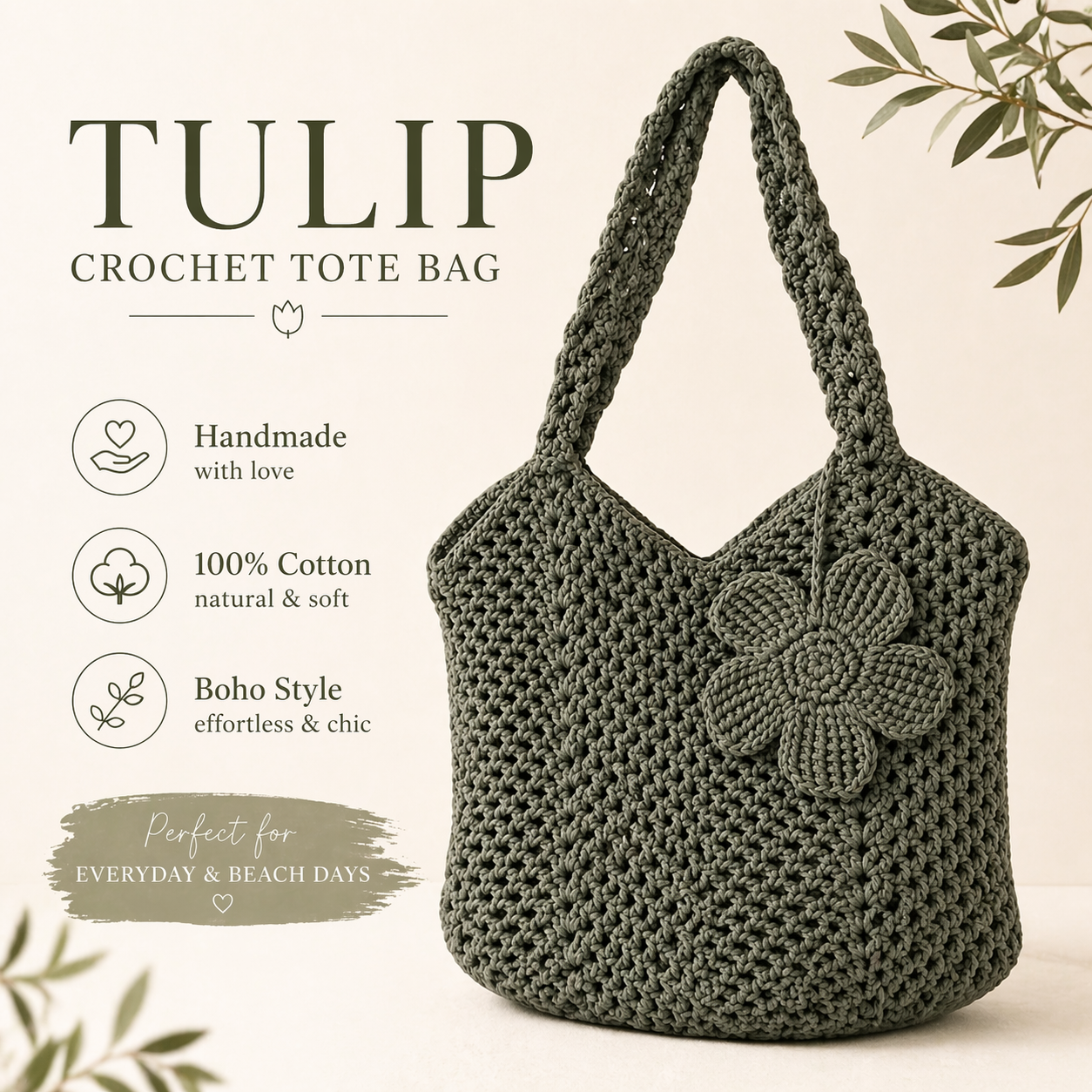 Tulip Crochet Tote Bag, Large Boho Shoulder Bag, Flower Crochet Purse, Summer Beach Bag, Handmade Cotton Tote, Gift for Her