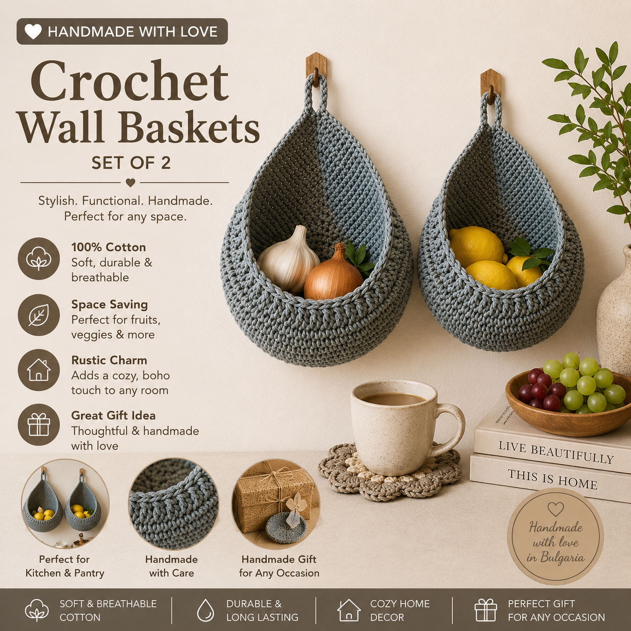Handmade Crochet Wall Hanging Basket Set of 2 – Cotton Woven Fruit & Vegetable Storage Baskets