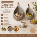 Handmade Crochet Wall Hanging Basket Set of 2 – Cotton Woven Fruit & Vegetable Storage Baskets