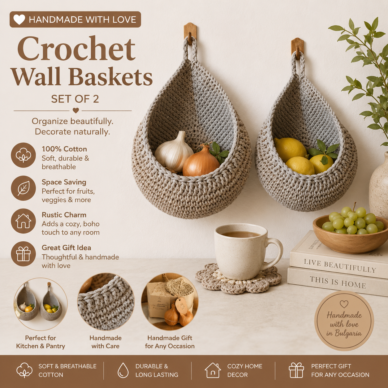 Handmade Crochet Wall Hanging Basket Set of 2 – Cotton Woven Fruit & Vegetable Storage Baskets