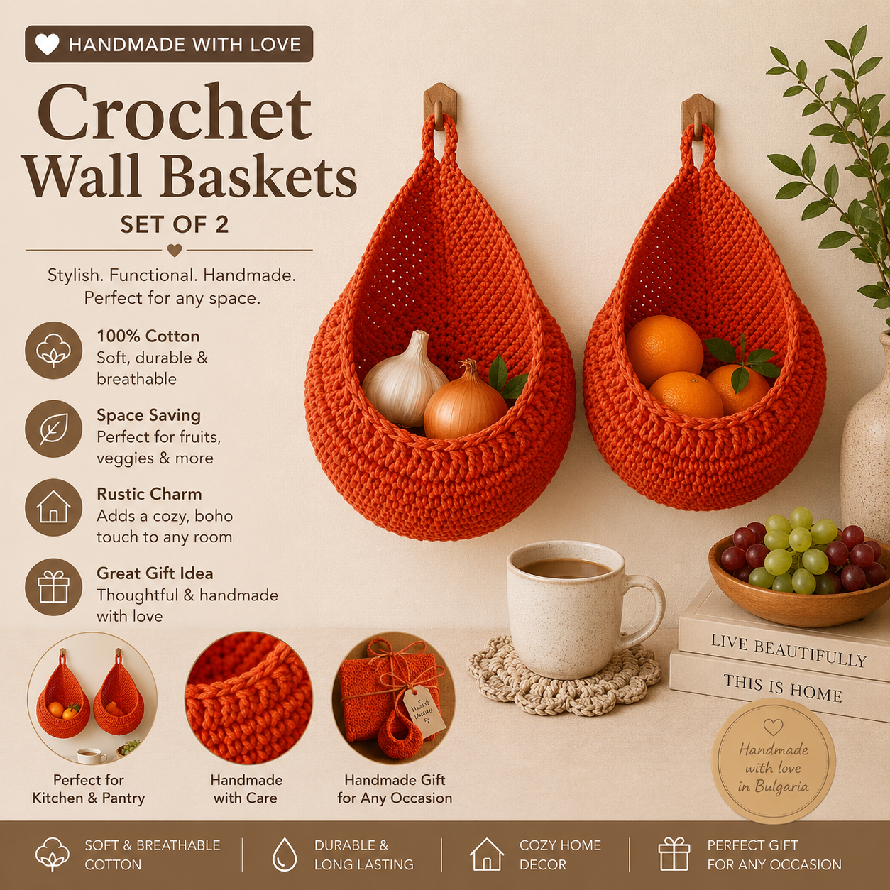 Handmade Crochet Wall Hanging Basket Set of 2 – Cotton Woven Fruit & Vegetable Storage Baskets
