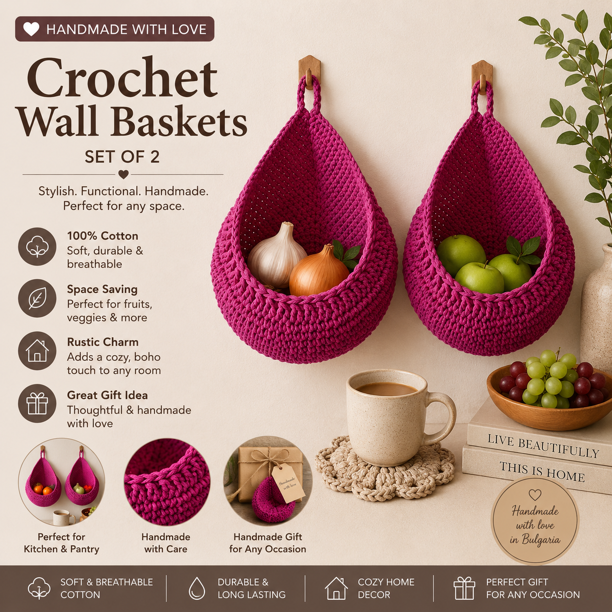 Handmade Crochet Wall Hanging Basket Set of 2 – Cotton Woven Fruit & Vegetable Storage Baskets